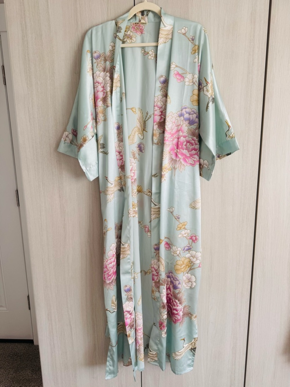 Kim + Ono Floral Kimono Robe in Pale Aqua with birds and flowers